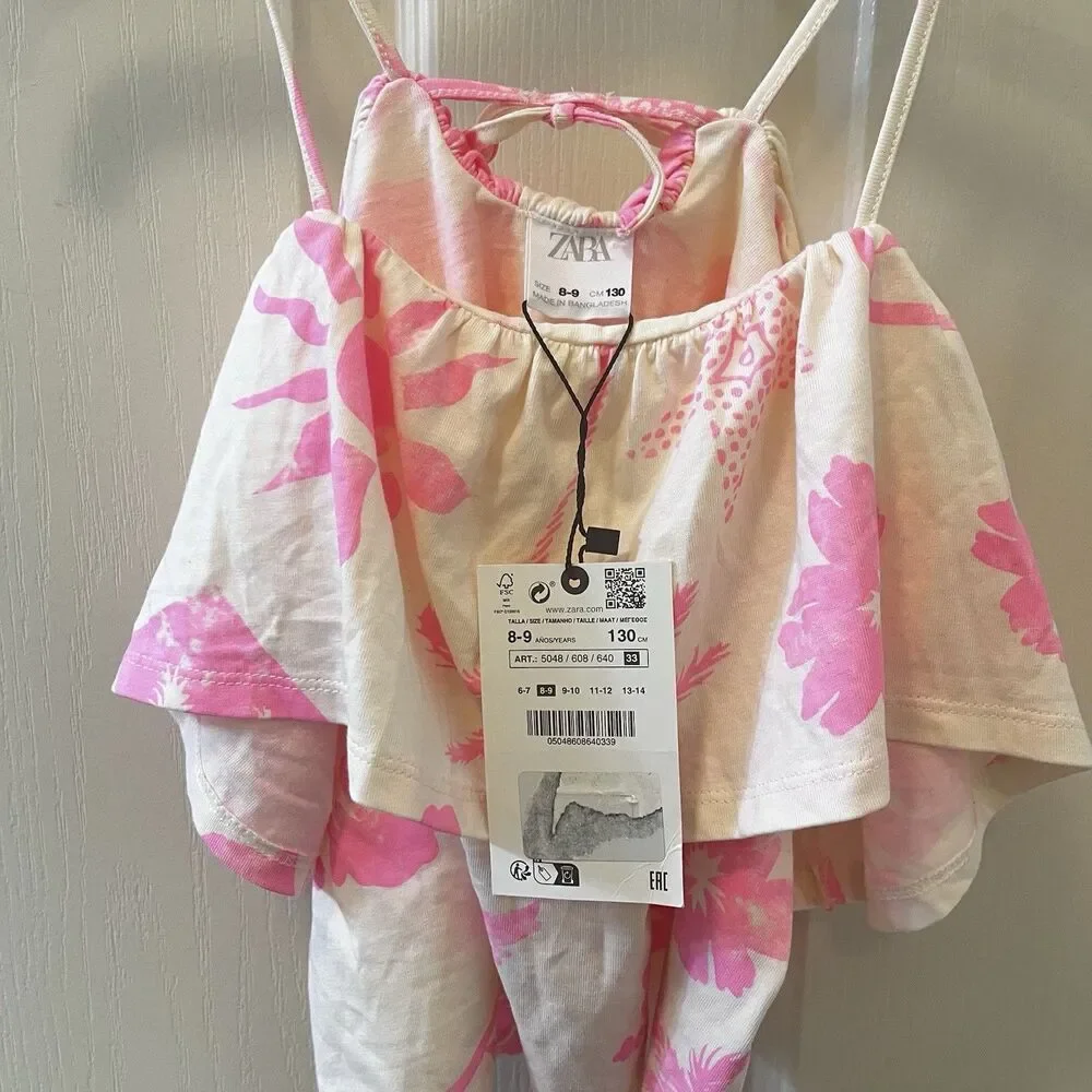 Zara Girls Pink Tropical Ruffle Crop Tank Floral Hawaiian Palm Trees SZ 8-9 NWT